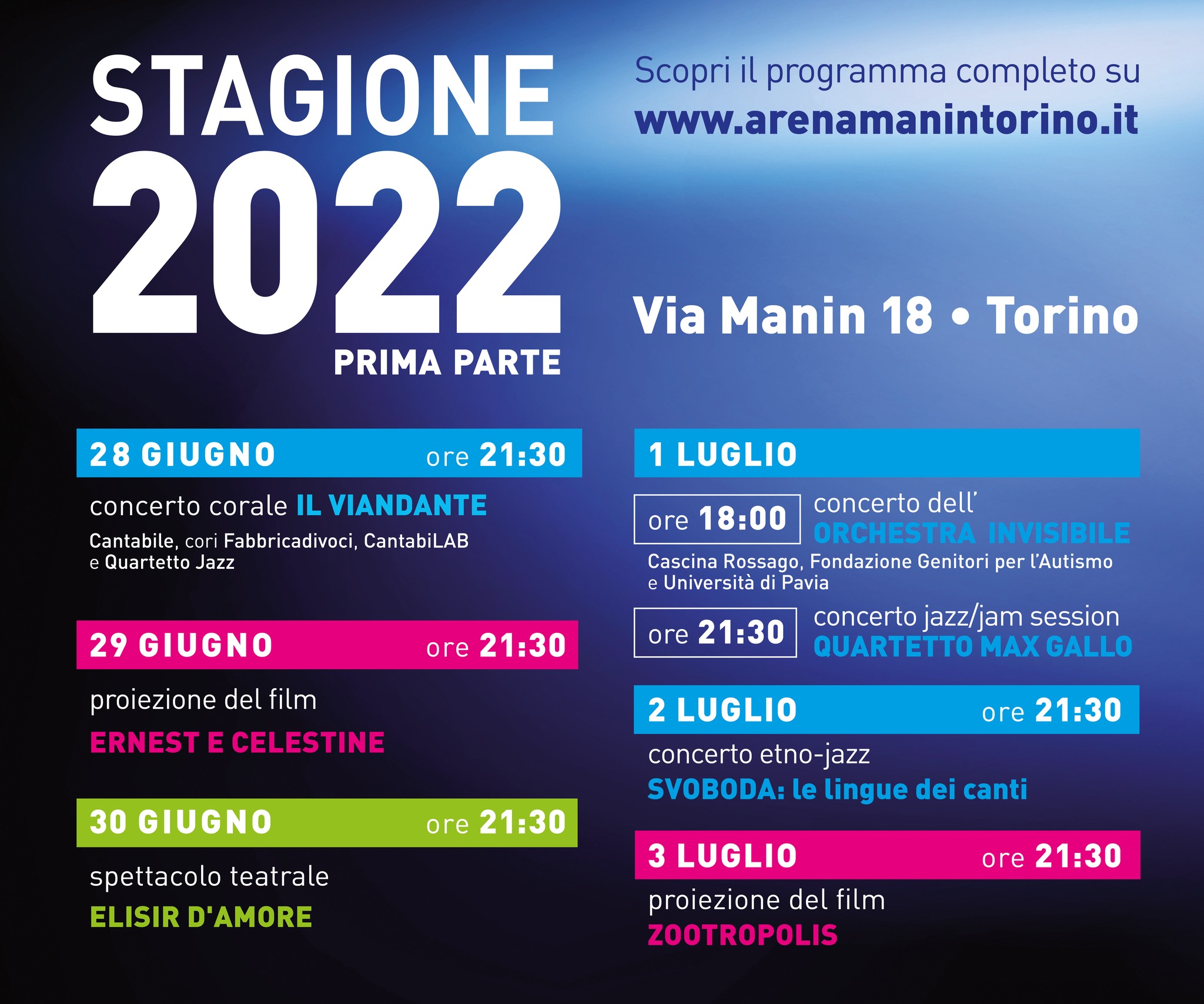 Arena Manin Torino prima parte: concerti, film, spettacoli