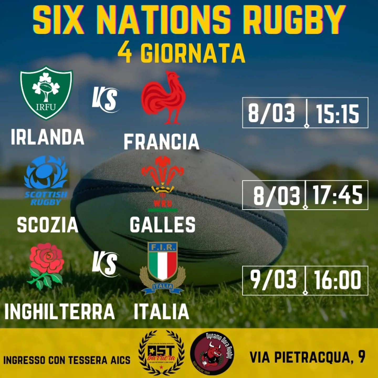 Partite di rugby SIX NATIONS: INGHILTERRA - ITALIA da OST Barriera